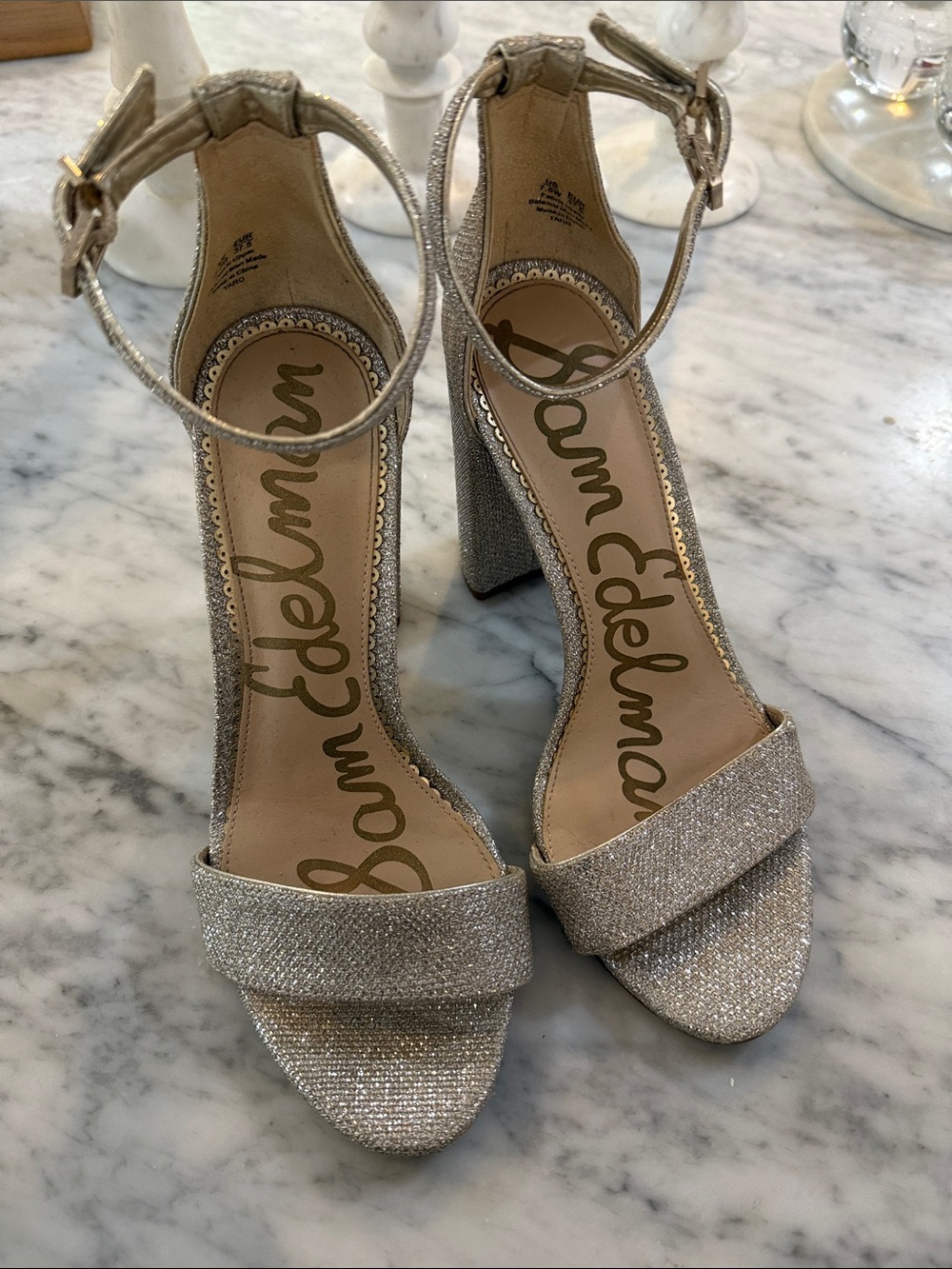 Sam Edelman Sparkling Silver Ankle-Strap Block Heels